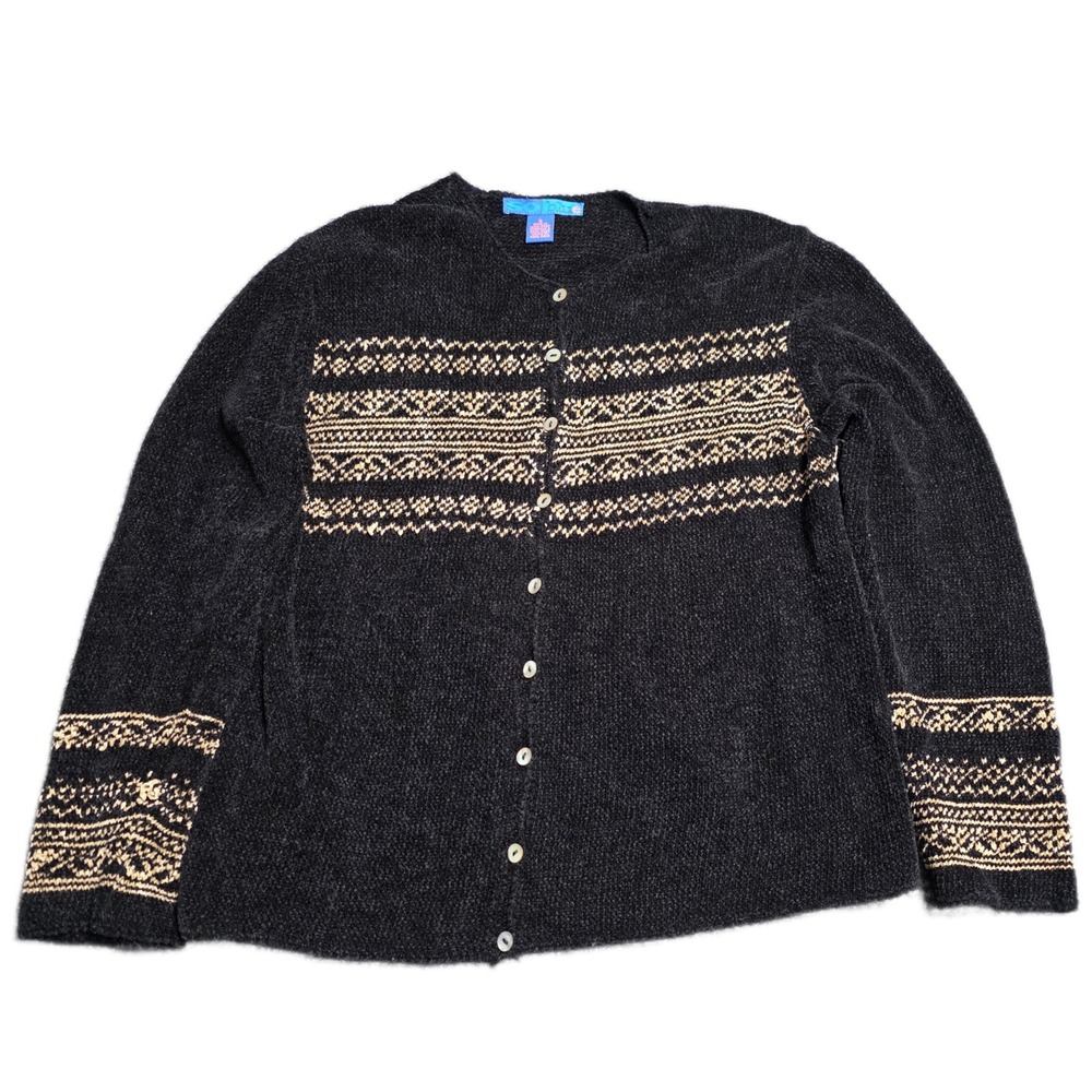 Vintage So Blue Chenille Fair Isle Cardigan‎ Women's Size S Black Button Front